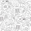 Underwater Seamless Pattern With Fishes, Shells, Jellyfishes and Bubbles Lines