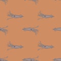 Underwater seamless pattern with grey simple squid silhouettes. Beige background