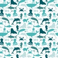 Underwater seamless pattern with silhouettes fishes, octopus, cr