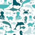 Underwater seamless pattern with silhouettes fishes, octopus, cr