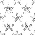 Underwater seamless pattern with starfish line art illustration in black color. Hand drawn sea star sketch, seashell drawing. Royalty Free Stock Photo