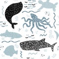 Underwater seamless pattern with whale, squid, fish, turtle and shark on white background. Hand drawn repeat pattern for wrapping.