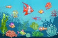 Underwater seascape. Cartoon aquatic sea wild life on bottom vector background. Fish clown coral seaweed kid set