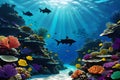 underwater seascape with diverse coral and tropical fish, sunbeams penetrating the clear blue water. ideal for nature and travel Royalty Free Stock Photo