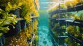 An underwater seaweed farm showing vibrant green algae growing in rows in a structured environment with sunlight Royalty Free Stock Photo