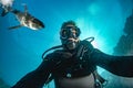 Underwater selfie with great white shark ready to attack Royalty Free Stock Photo