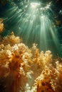 Underwater Serenity Sunlight Beams Filtering Through Ocean Waters Over Vibrant Coral Reef Royalty Free Stock Photo