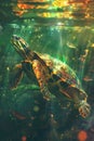 Underwater Serenity Vividly Colored Sea Turtle Gliding Gracefully through Sunlit Ocean Depths