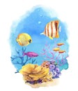 Underwater set of different compositions with coral reefs and tropical fish.