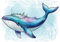 In an underwater setting, a whimsical illustration of a whale (likely Balaenopteridae Royalty Free Stock Photo