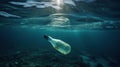 Underwater Shine With garbage Floating On Sea - Bottle Plastic Pollution In Ocean, generative ai Royalty Free Stock Photo