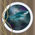 Underwater ship porthole background with shark