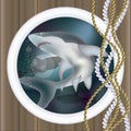 Underwater ship porthole with shark, vector