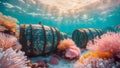 Underwater shipwreck barrels coral reef sunlight. Royalty Free Stock Photo