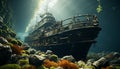 Underwater shipwreck reveals abandoned industry, rusty steel equipment generated by AI