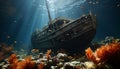 Underwater shipwreck reveals colorful fish and coral in nature beauty generated by AI