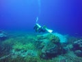 Underwater shoot of a divers swimming in blue clear water Royalty Free Stock Photo