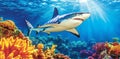 An underwater shot captures the image of a shark swimming towards sun rays in a deep blue ocean Royalty Free Stock Photo