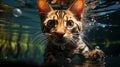 Underwater shot capturing a Bengal cat swimming
