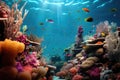 underwater shot of microplastics surrounded by coral reefs