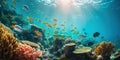 An underwater shot of a school of fish swimming near a coral reef, displayed against a vibrant, colorful background Royalty Free Stock Photo