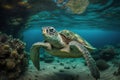 Underwater shot of sea green turtle