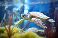 underwater shot of sea turtle near seaweed