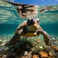 Underwater shot of a sea turtle among plastic trash,