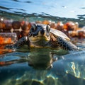 Underwater shot of a sea turtle among plastic trash,