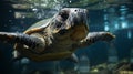 Underwater shot of a sea turtle among plastic trash,