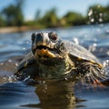 Underwater shot of a sea turtle among plastic trash,