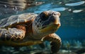 Underwater shot of a sea turtle among plastic trash,