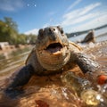 Underwater shot of a sea turtle among plastic trash,