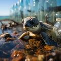 Underwater shot of a sea turtle among plastic trash,