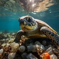 Underwater shot of a sea turtle among plastic trash,