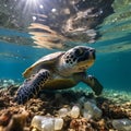 Underwater shot of a sea turtle among plastic trash,