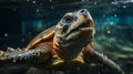Underwater shot of a sea turtle among plastic trash,