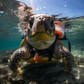 Underwater shot of a sea turtle among plastic trash,