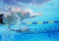 Underwater shot of three male athletes in swimming competition Royalty Free Stock Photo