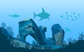 Underwater silhouette background. Undersea coral reef, ocean fish, marine algae, sharks, and light water