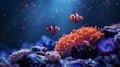 Underwater splendor with clownfish and coral reef - a serene marine scene. colorful digital art for wallpapers and