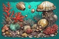 Underwater still life with shells and corals. Hand drawn colored sketch of underwater junk such as shells small coins peebles red Royalty Free Stock Photo
