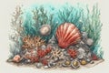 Underwater still life with shells and corals. Hand drawn colored sketch of underwater junk such as shells small coins peebles red Royalty Free Stock Photo