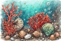 Underwater still life with shells and corals. Hand drawn colored sketch of underwater junk such as shells small coins peebles red