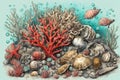 Underwater still life with shells and corals. Hand drawn colored sketch of underwater junk such as shells small coins peebles red