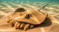 Underwater Stingray Resting on Sandy Seabed in Sunlight Royalty Free Stock Photo