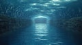 Underwater stone tunnel, particles, ocean, mystery, game background Royalty Free Stock Photo