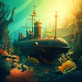 3d Submarine Wallpaper With Highly Detailed Foliage And Painted Illustrations