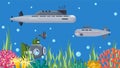 Underwater submarines boats vector illustration banner. Deep sea nautical cartoon ships vehicles in sea or ocean.