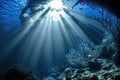 Underwater Sun Rays, Deep Water Sunlight, Under Sea Sunbeams Background, Abstract Generative AI Illustration Royalty Free Stock Photo